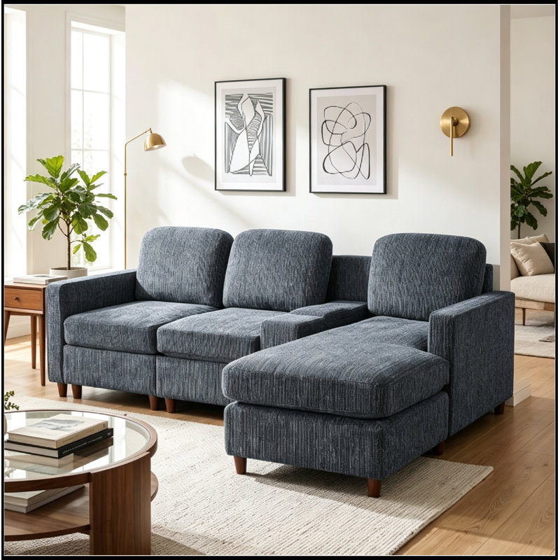Canapé modulaire en L avec compartiment de rangement et méridienne réversible, Bleu