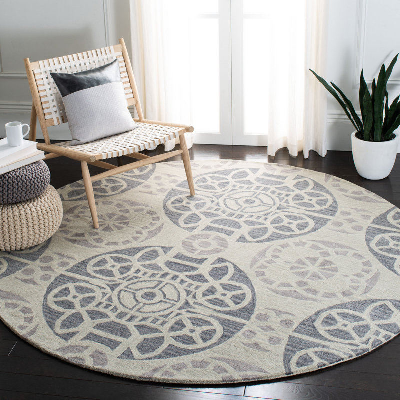 Kouerga Hand Tufted Wool/Viscose Geometric Rug in Silver/Gray, Round 7'