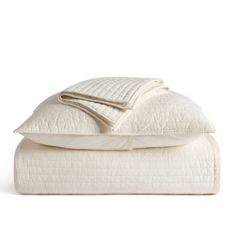 Cotton Sateen Channel Stitch Quilt Set, Ivory White, Queen Quilt + 2 Queen Shams