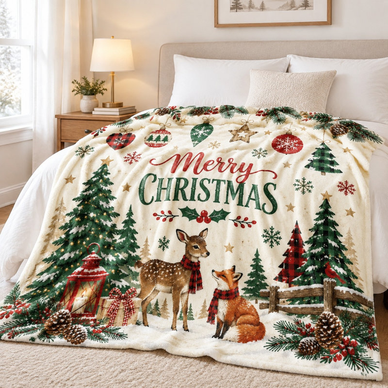 Joli doudou cerf de Noël, couverture de lit moelleux de scène d'hiver festive pour canapé, canapé, chambre à coucher, salon, décoration de maison de vacances