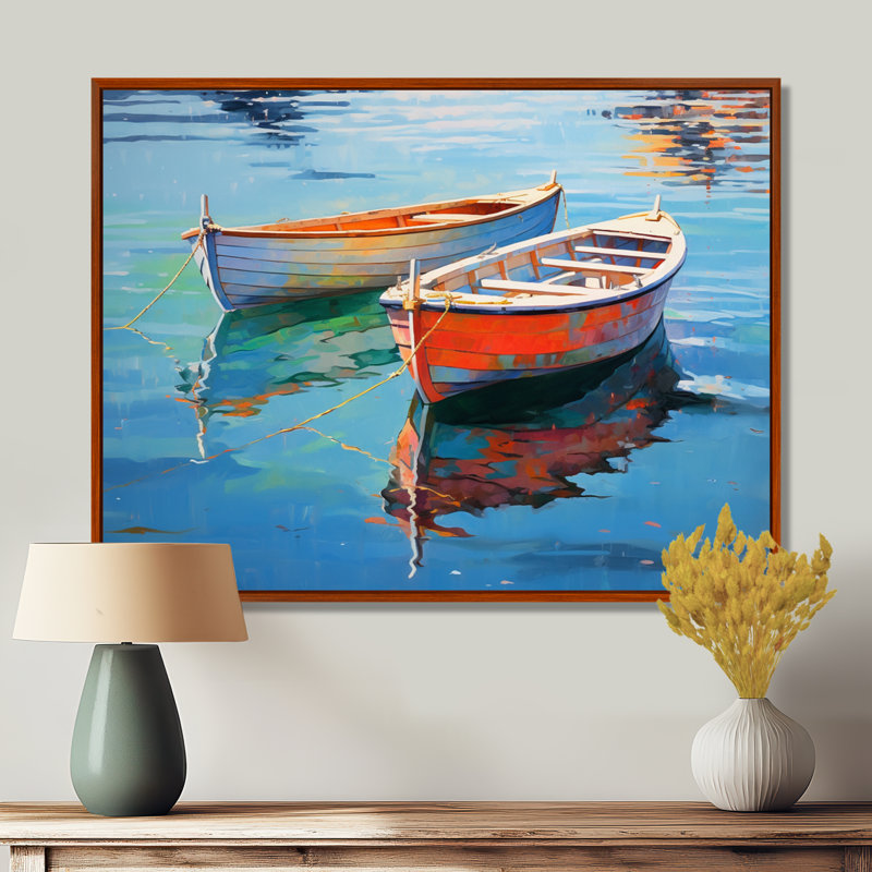 «Boat Harmonic Waters» - Art mural bateau, H 34 po x l 44 po x P 1,5 po, Cadre flottant brun