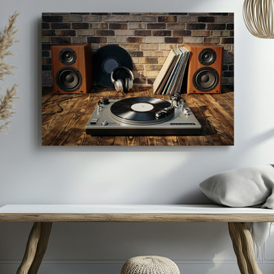 Canvas A Cozy Vintage Inspired Scene Featuring A Classic Turntable With Wall Art A Black Vinyl Record Spinning Positioned On A Canvas Wall Art