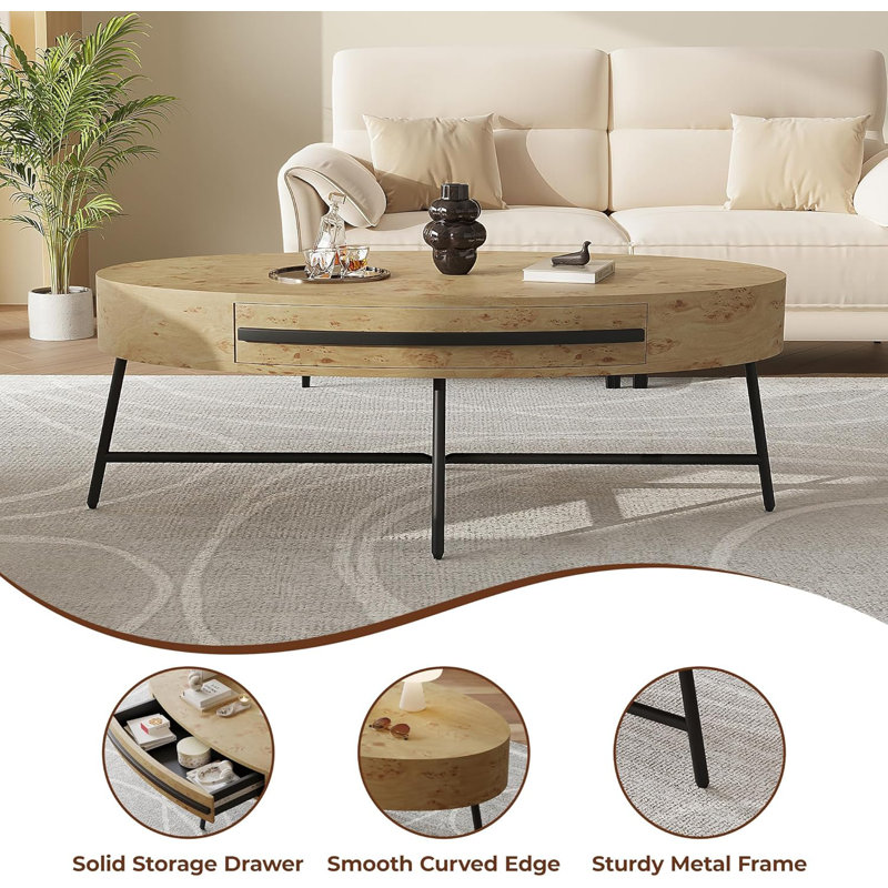 Oval Coffee Table with Drawers Center Table Rustic Coffee Tables, Natural