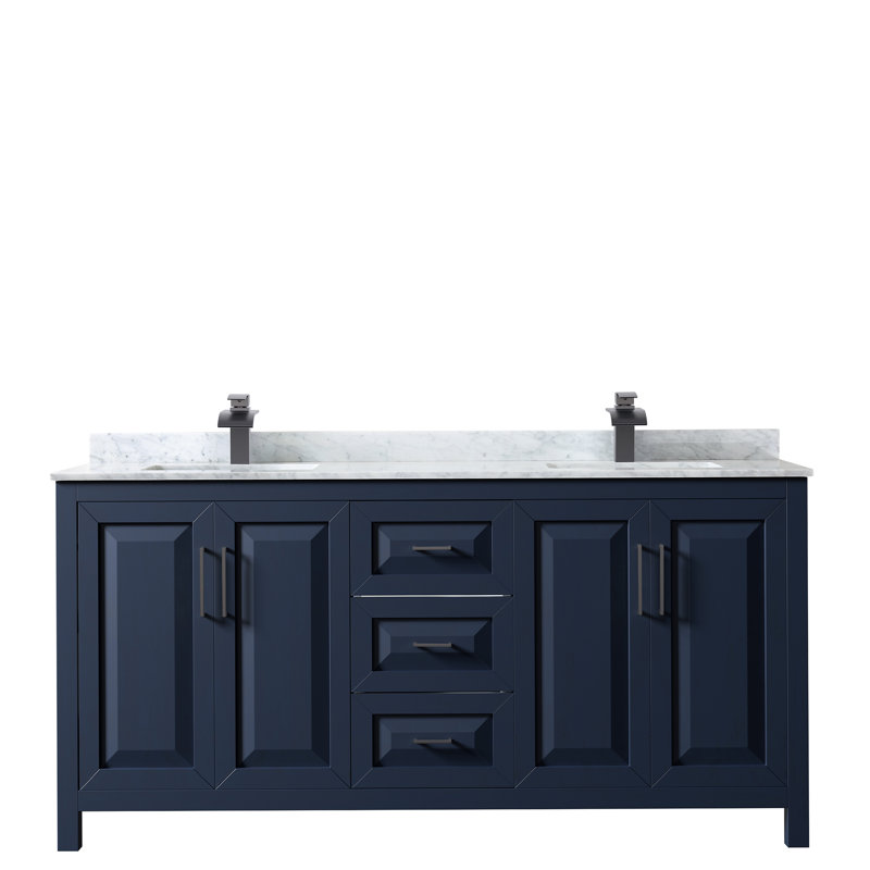 Daria 72'' W Double Vanity, Dark Blue, White Cultured Marble, Matte Black