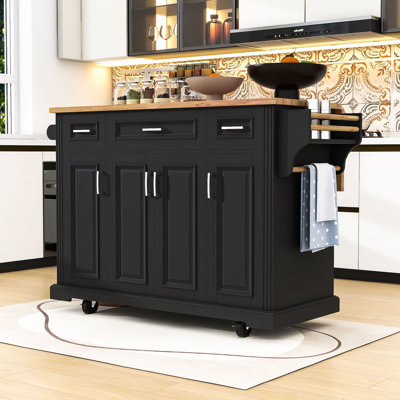 Chariot pour îlot de cuisine roulant avec abattant en bois d'hévéa, éléments de rangement et tiroirs à fermeture en douceur