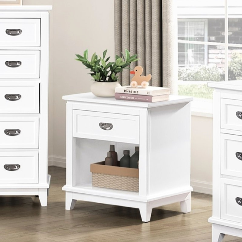Table de chevet blanche pour chambre à coucher avec design classique, glissières à roulement de tiroir simple, tablette de rangement, poignées en nickel poli, aucun assemblage requis, table de chevet 24 po x 16 po x 26 po, comprenant 1