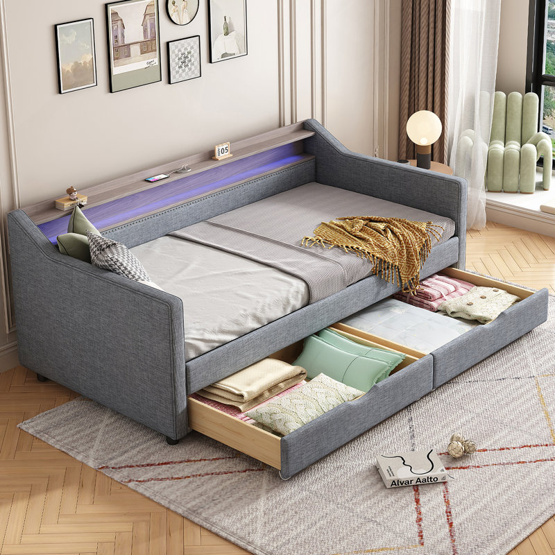 Twin Size Daybed with 2 Storage Drawers and 2-Tier Shelf & Wireless Charger/USB/Type-C Port, Modern Linen Upholstered Sofa Day Bed Frame with Smart LED Light for Livingroom, Apartment