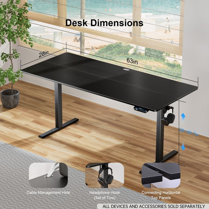 Extra Large Standing Desk Electric Height-Adjustable, 62.99" W x 27.56" D, Black