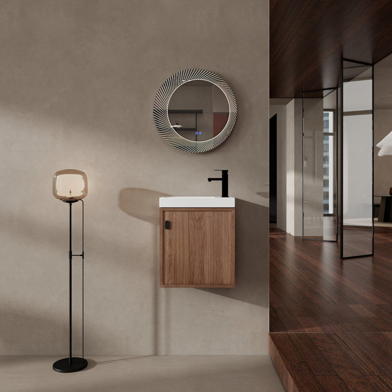 Meuble-lavabo mural avec lavabo en résine et porte simple à fermeture douce, Noyer naturel