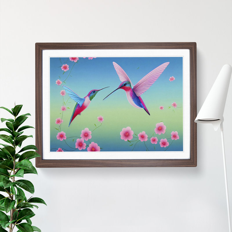 Illuminated Floral Hummingbirds - Single Picture Frame Print, 46cm H x 64cm W, Brown