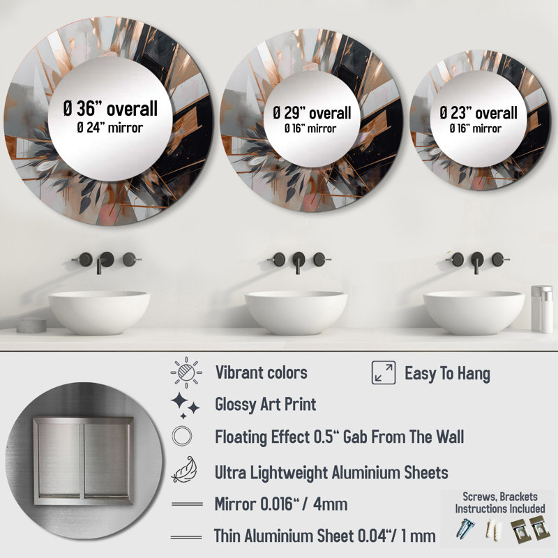 Othie Rose Gold Linear Floral Elegance II - Floral Decorative Wall Mirror, Traditional Round Mirror, Printed Metal Art