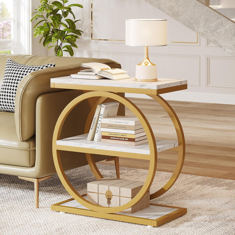 End Table, Gold, White Marble