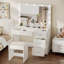 Coiffeuse avec lumières Jedidiah, bureau de coiffeuse avec miroir, 4 tiroirs, coiffeuse, blanc-712083727