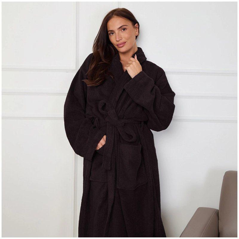 100% Cotton Mid-Calf Bathrobe with Pockets, Black