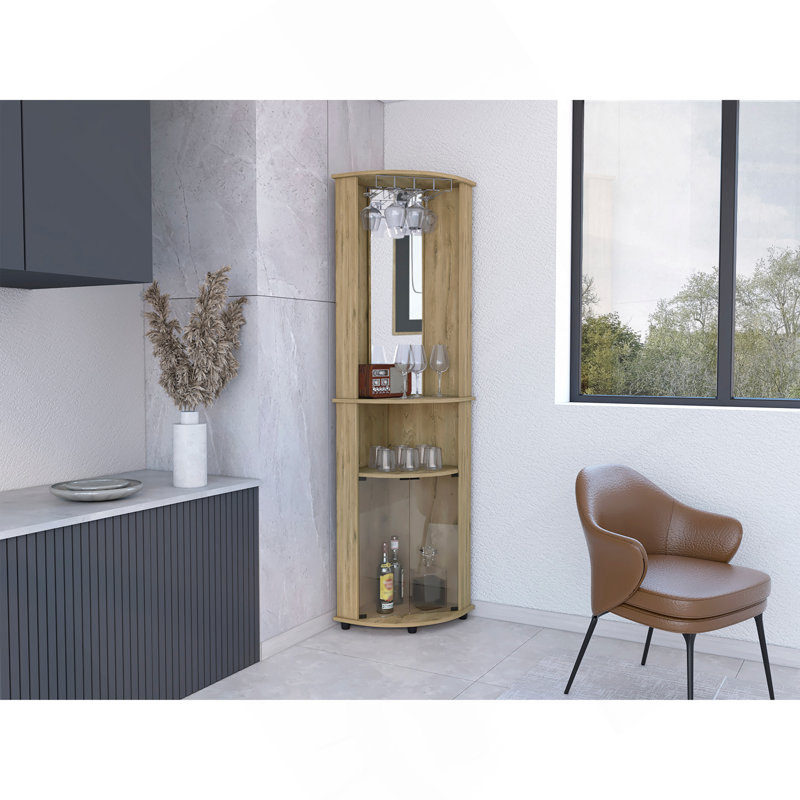 Armoire de bar en coin à miroir H 75 po Chicago, avec portes en verre, deux tablettes et verres à pied, Beige