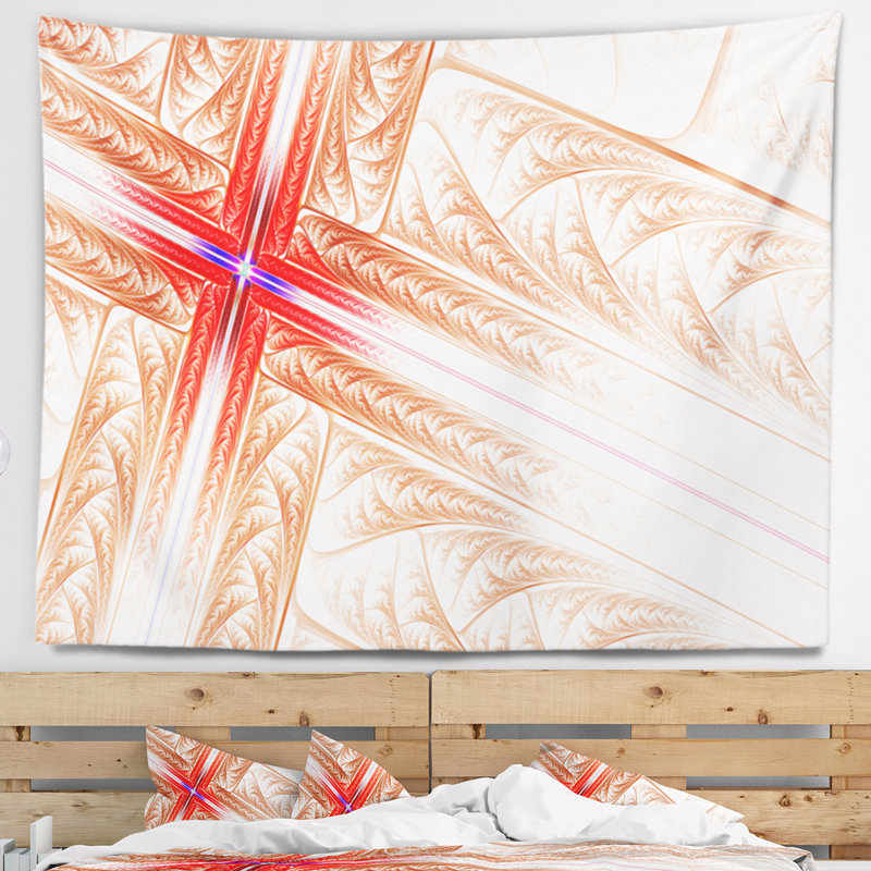 Tapisserie abstraite à motif de croix fractale rouge, H 50 po x l 60 po