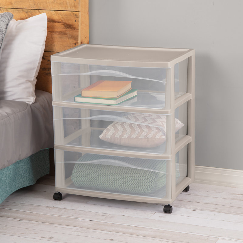 Sterilite Wide 3 Drawer Storage Cart, Plastic Rolling Organization, Grey, 3 Pack