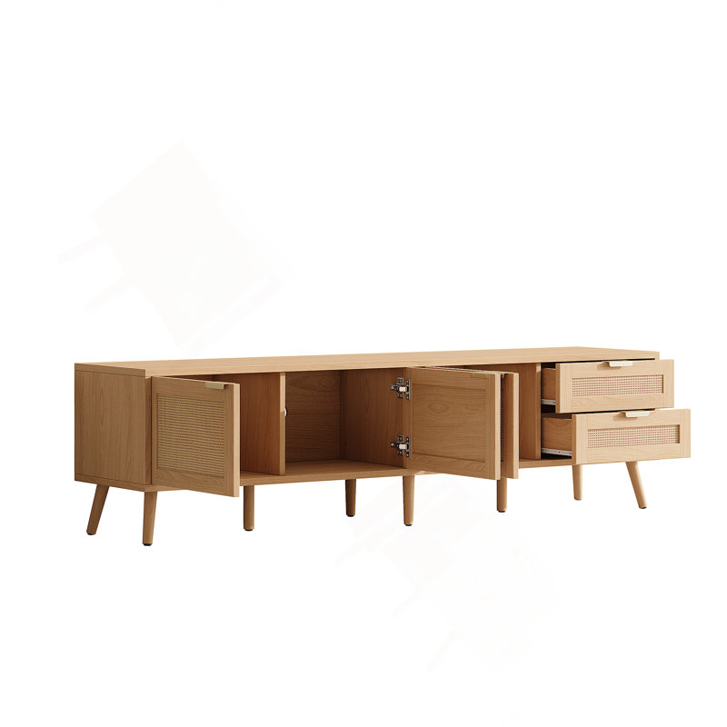 Meuble télé avec portes en rotin pour téléviseur de 80 po ou moins, console multimédia avec 2 tiroirs de rangement pour le salon