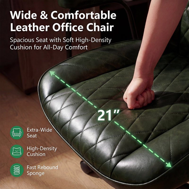 Vintage Leather Office Desk Chiar with Rubber Quite Wheels 120° Rocking & Lumber Support, Green