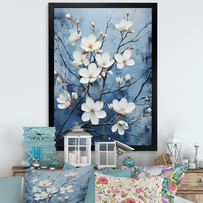 «Dogwood» gris et bleu Expression II sur toile, Cadre simple noir, H 32 po x l 24 po x P 1 po