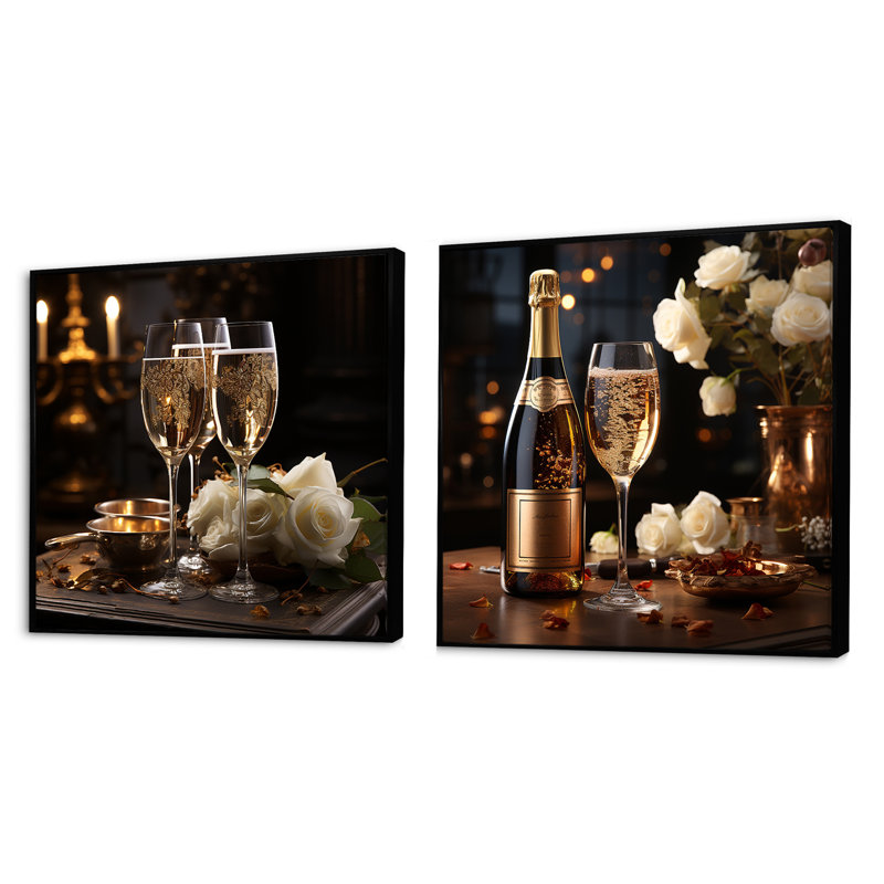 Classic Elegance II - Ensemble de 2 collages carrés vin et champagne, H 30 po x l 61 po, Cadre flottant noir
