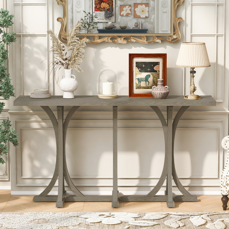 Table d'entrée de 59,8 po avec design en U, finition en placage de chêne, pieds en bois d'hévéa, surface lisse pour la surface de présentation décorative, couloir courbé mince