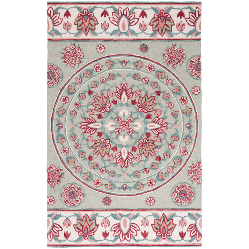 Sage and Ivory Floral Hand-Tufted Wool Area Rug
