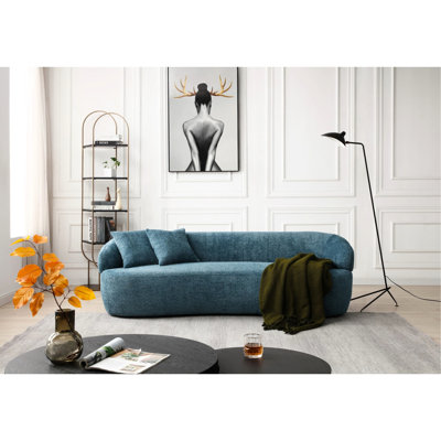 Blue Mid Century Modern Couch, 3 Seat Curved Boucle For Office - Comfy Bedroom , Living Room Furniture