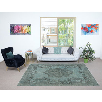 6.6x10 Ft Contemporary Hand Knotted Turkish Area Rug Re-Dyed in Light Blue