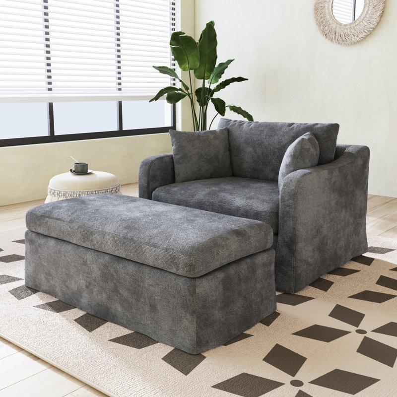 Chaise d'appoint moderne 43,9 po, canapé simple rembourré avec coussins et banc repose-pieds, Gris anthracite