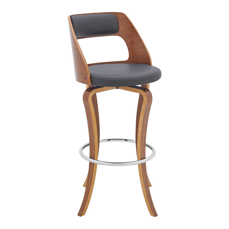 29" Swivel Gray Faux Leather And Walnut Wood Bar Stool