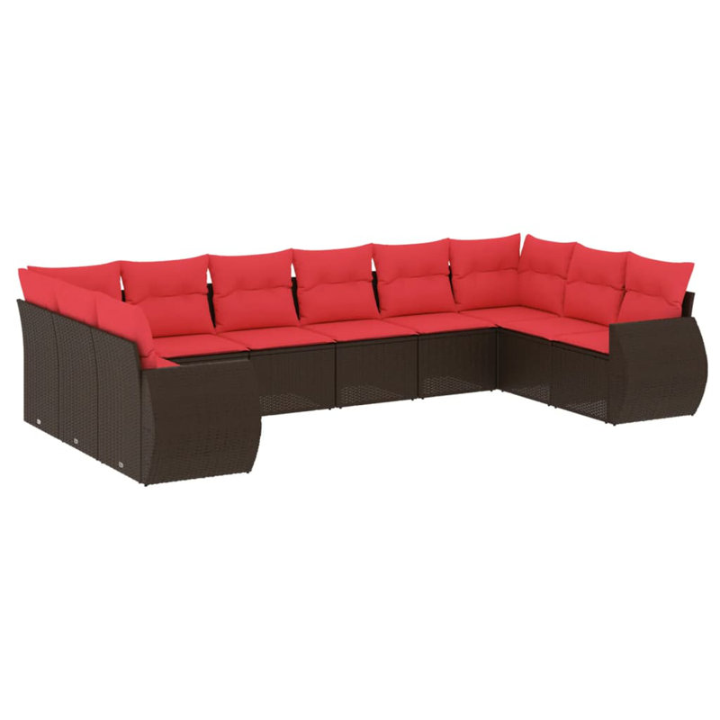Ensemble de canapé de patio 11 pièces avec coussins en rotin de polyester, Coussin rouge / cadre brun
