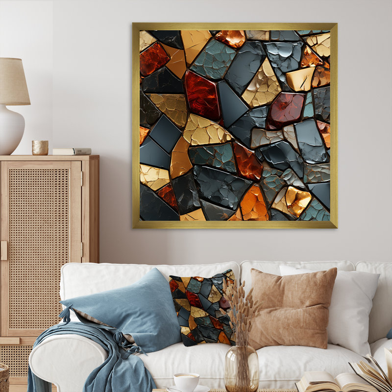 Cubic Mosaic Marble Tiles II - Abstract Tile Wall Art, Cadre doré simple, H 16 po x l 16 po x P 1 po