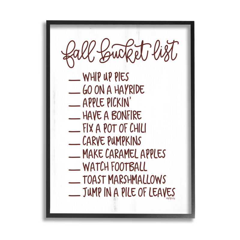 «Fall Bucket List», typographie saisonnière, motif de grain noir, estampe numérique encadrée, art imparfait