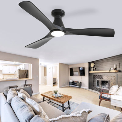 52 Inch Black 3 Blade Flush Mount Low Profile Ceiling Fan with Lights and Remote, Dimmable Indoor Outdoor Fan with Remote APP Control Quiet DC Motor Timer