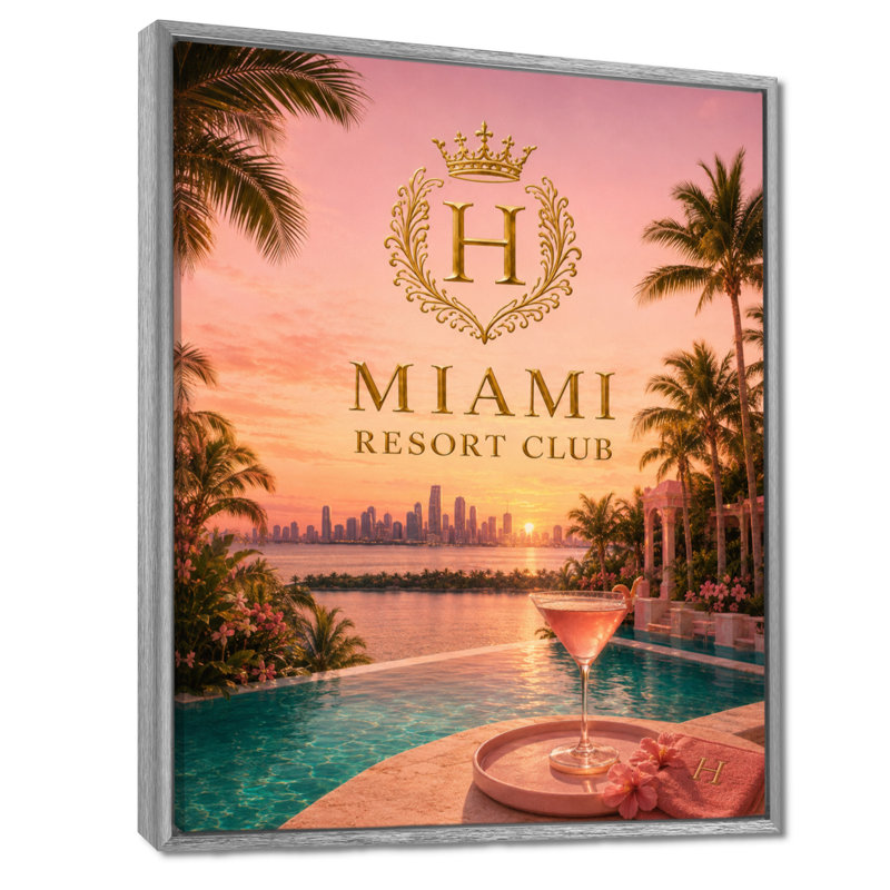 Miami Resort Club Sunset - Décoration murale glamour sur toile, H 32 po x l 24 po, Silver Floater Framed