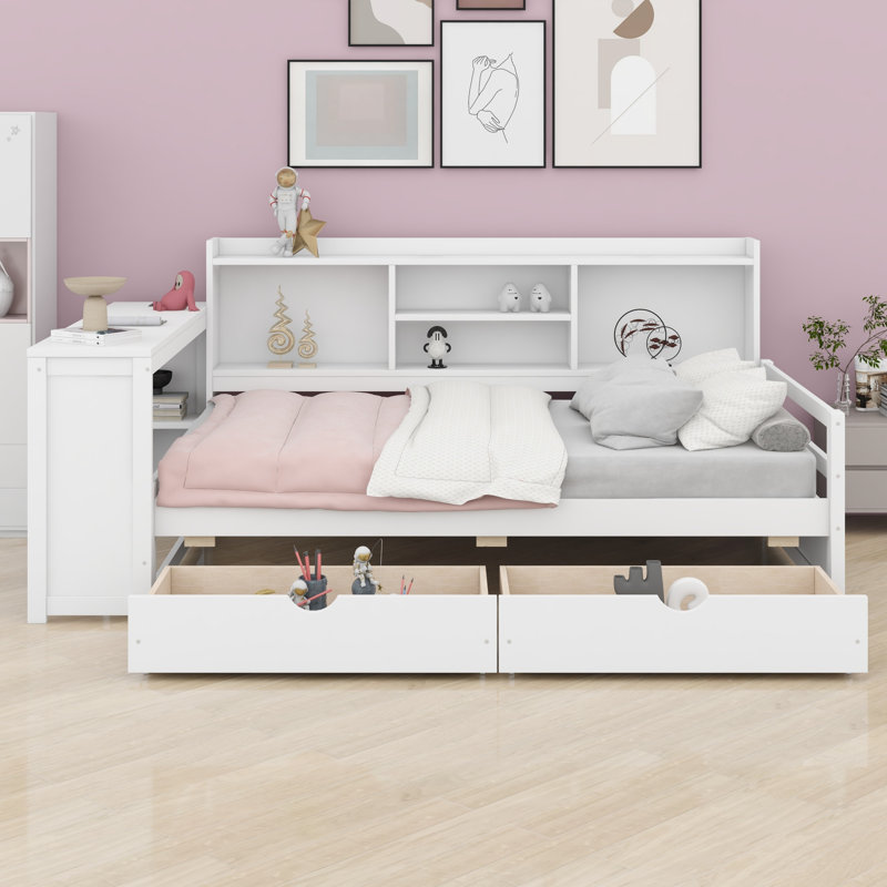 Lit de jour d'angle avec bureau, tiroirs de rangement, bibliothèque et port de charge, parfait pour les petites pièces, Blanc