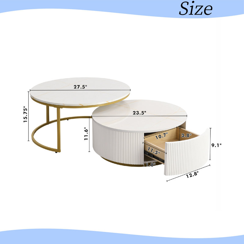 Space-Saving Round Coffee Table Set with Drawer, White, 15.75" H x 27.5" L x 27.5" W