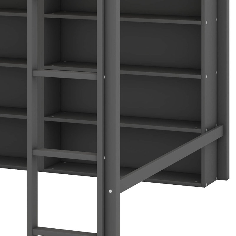 Solid Wood Full Size Loft Bed With 8 Open Storage Shelves, Built-In Ladder And Full-Length Guardrails, Gray
