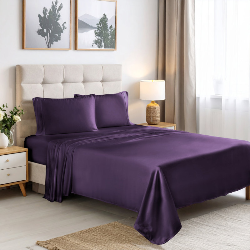 Superior 300 Thread Count 100% Rayon From Bamboo Solid Deep Pocket Bed Sheet Set, Full 4pc Set, Purple