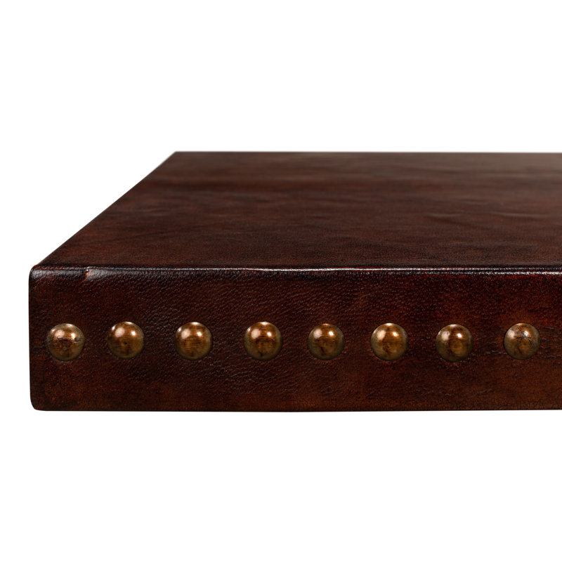 Brown Leather and Brass Rectangular Laptop End Table