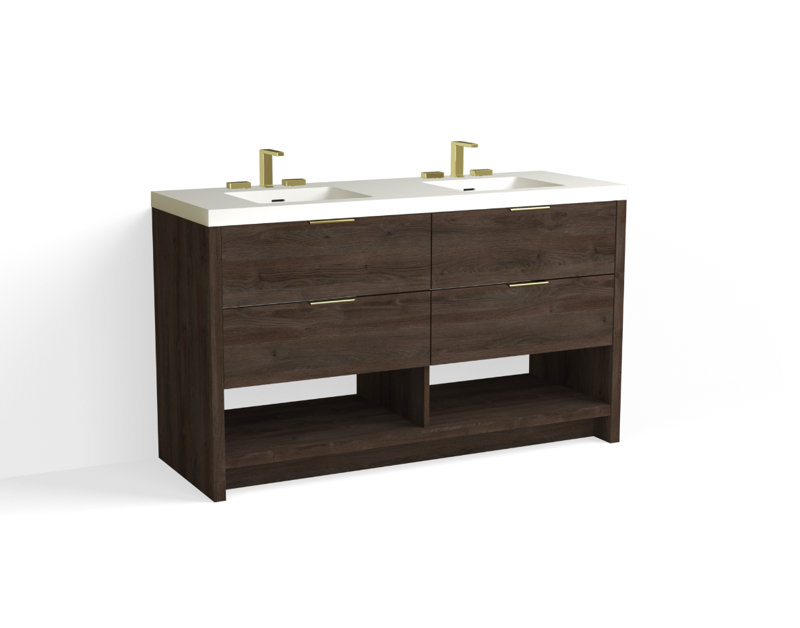 Vue 60" W Freestanding Double Bathroom Vanity, Matte White/8" Widespread, White Nanomatte, Satin Brass