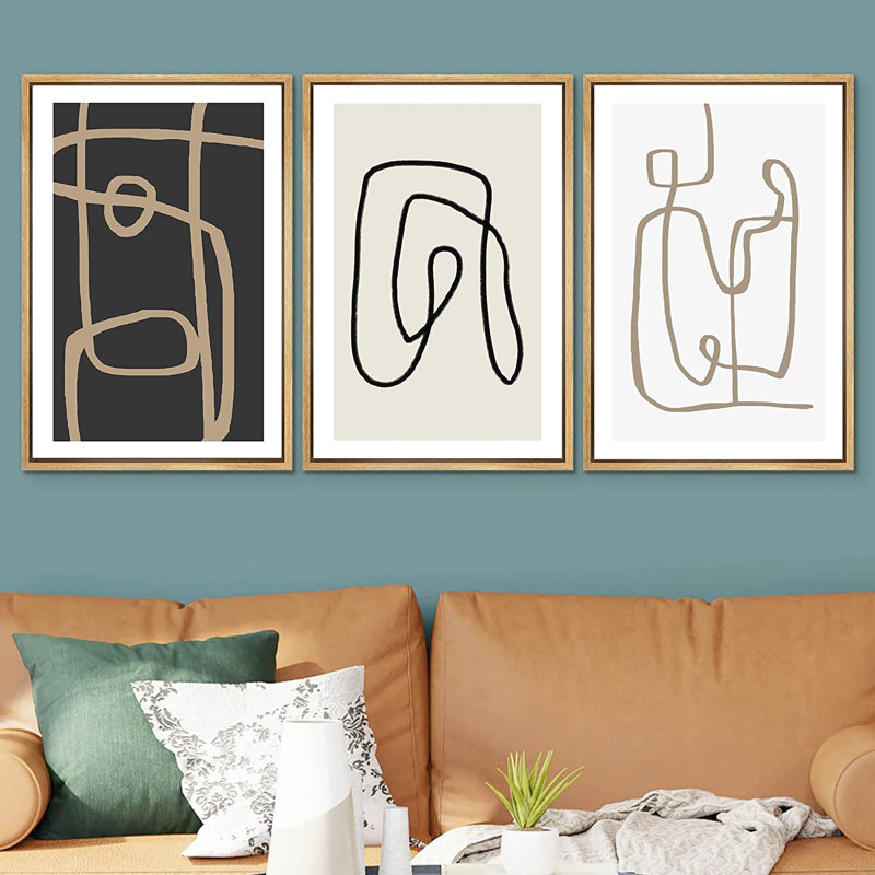 Esthétique abstraite, ligne noire, art moderne minimaliste, encadré sur toile, 3 pièces, H 36 po x l 72 po, Brownd