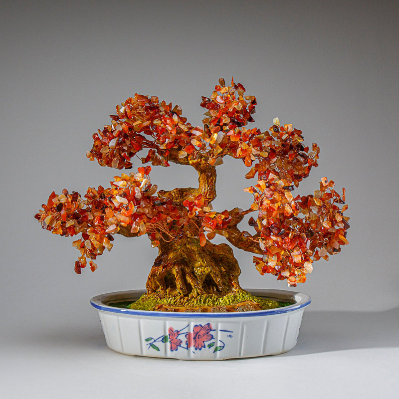Genuine Carnelian Gemstone Bonsai Tree in Oval Ceramic Pot (11")