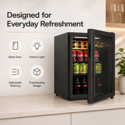 Rolipo Pi. Réfrigérateur de boissons autoportant avec porte en verre trempé double couche, tablette grillagée et lumière DEL