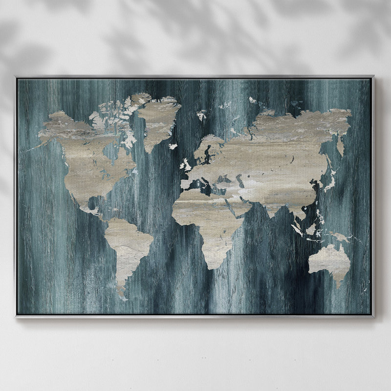 Carte du monde marine imprimée sur toile, H 27 po x l 41 po x P 2 po, Argent