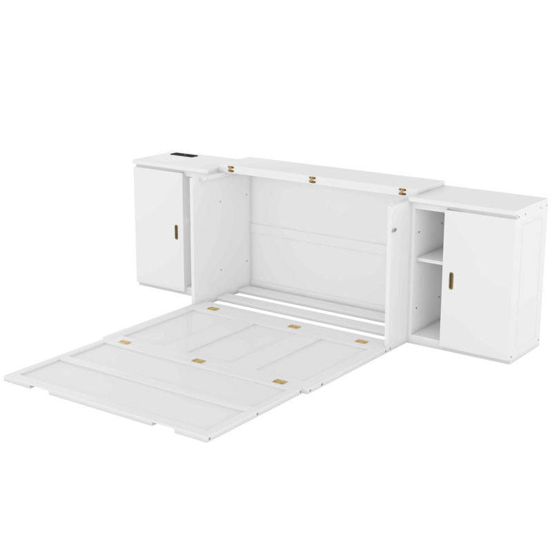 Lit escamotable avec tablettes, armoires et ports USB, Lit double, Blanc