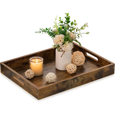 Brown Decorative Serving Trays: Rustic Brown Rectangle Tray Decor With Cutout Handles For Coffee Table Ottoman Living Room Kitchen Home Decor