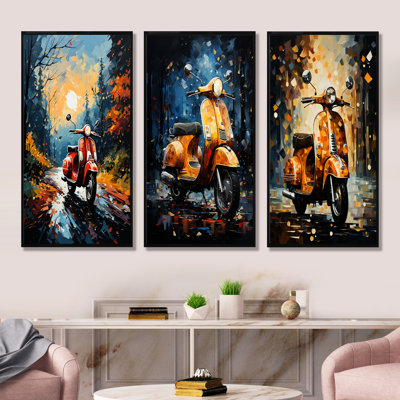 Riding Scooter In The Country Autumn - Scooter Wall Art Prints Set Of 3