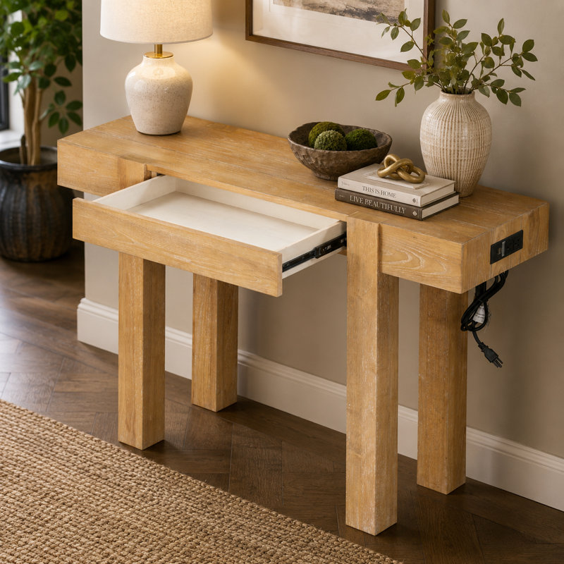 Console en bois massif naturel avec tiroir caché, centrale électrique, 2 prises de courant alternatif, 1 port de type C, 2 ports USB, pattes épaisses de 80 mm, patins réglables, design minimaliste rustique